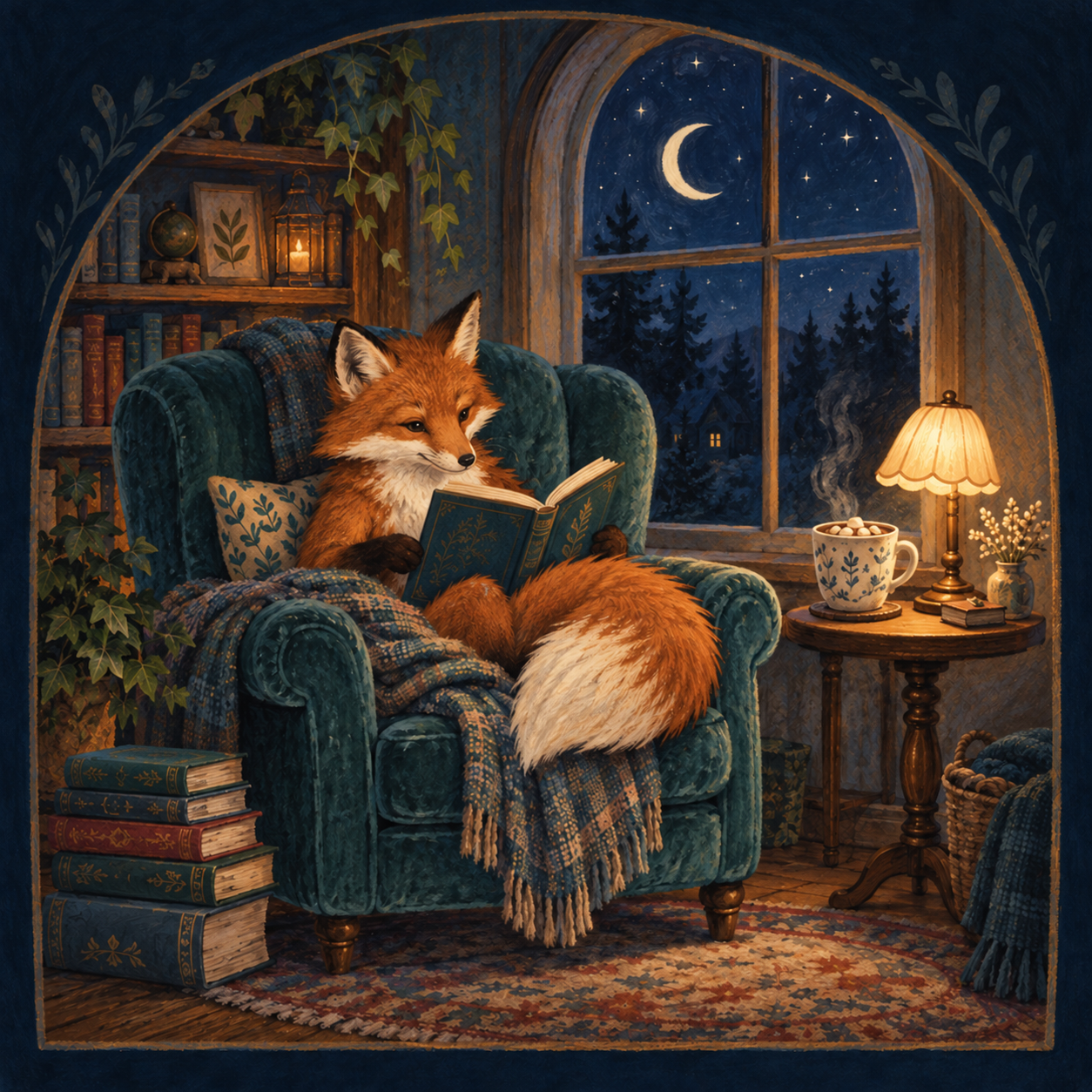 A fox curled in a green reading chair with an open book, beside a mug of cocoa and a lamp, under a moonlit window